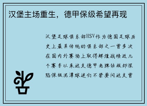 汉堡主场重生，德甲保级希望再现